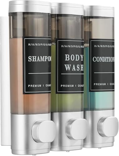 Shampoo and Conditioner Dispenser Shower Dispenser 3 Chamber No Drill Shampoo Dispenser for Shower Wall Mounted Shower Dispenser Body Wash for Bathroom Hotel Large Capacity,Silver - color: Clear Sliver