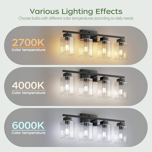 4-Light Bathroom Light Fixtures, Matte Black Modern Vanity Lights, Bathroom Lighting Fixtures Over Mirror, Square Design Farmhouse Wall Sconces with Clear Glass Shades - color: Matte Black, size: 4-Light