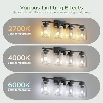 4-Light Bathroom Light Fixtures, Matte Black Modern Vanity Lights, Bathroom Lighting Fixtures Over Mirror, Square Design Farmhouse Wall Sconces with Clear Glass Shades - color: Matte Black, size: 4-Light