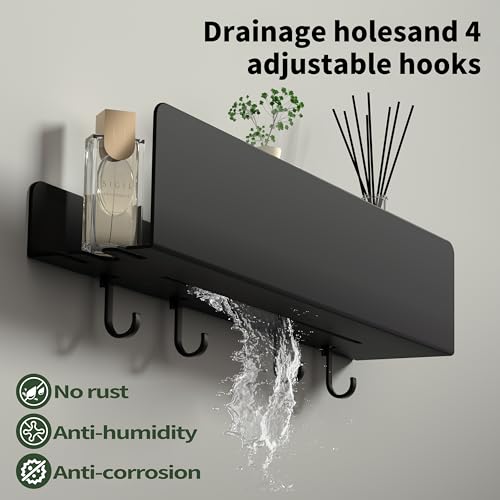 REKITA No Drill Shower Shelf Organizer, 40cm Stainless Steel Bathroom Storage with 4 Removable Hooks, Adhesive Wall Mounted Shower Caddy, Rustproof Bath Shelf for Bathroom Kitchen Living Room - color: Black