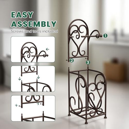 Toilet Paper Holder Free Standing with Storage for Mega Rolls, Scroll Bathroom Tissue Holder Stand, Metal, Bronze