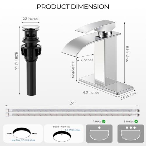 Chrome Bathroom Faucets, Waterfall Bathroom Sink Faucet | Single Handle, Stainless Steel, Vanity Faucet with Deck Plate, Pop-up Drain, For 1 or 3 Hole, RV, Farmhouse - color: A-Chrome