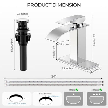 Chrome Bathroom Faucets, Waterfall Bathroom Sink Faucet | Single Handle, Stainless Steel, Vanity Faucet with Deck Plate, Pop-up Drain, For 1 or 3 Hole, RV, Farmhouse - color: A-Chrome