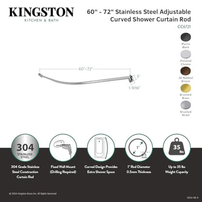 Kingston CC6727 Single Curved Shower Curtain Rod, Brushed Brass