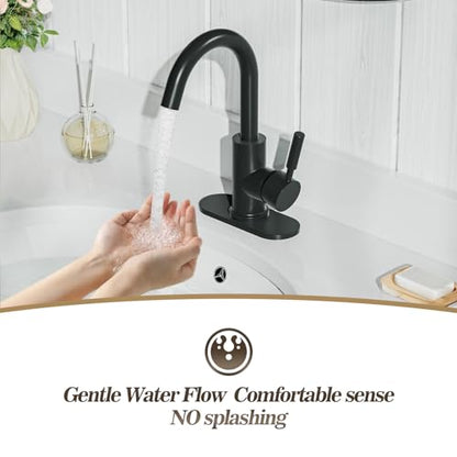Single Hole Matte Black Single-Handle High-Arc Stainless Steel Faucet for Pre-Kitchen Sink/Bar Sink/Bathroom Sink, with 4 Inch Deck Plate and Supply Hoses, Matte Black, WE08E-MB - color: Matte Black