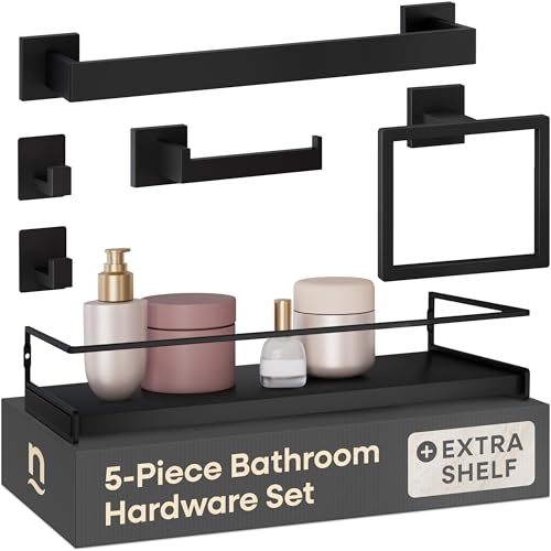 Matte Black Bathroom Hardware Set with 15.7" x 5.9" Shelf, 6 Pcs (5+Shelf) - color: Matte Black