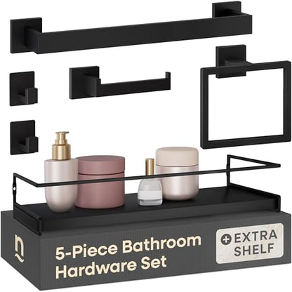 Matte Black Bathroom Hardware Set with 15.7" x 5.9" Shelf, 6 Pcs (5+Shelf) - color: Matte Black