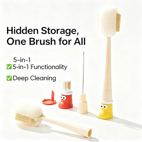 5-in-1 Multifunctional Cup Brush, Bottle Cleaning Set with Rim Brush, Gap Brush, Silicone Head, Sponge Head and Straw Brush (red) - color: Red
