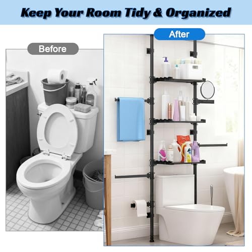 New 4-Tier Over The Toilet Storage Shelf, Adjustable Standing Bathroom Organizer, Heavy Duty Above Behind Toilet Laundry Space-Saving Shelving for Small Rooms, No Drill, 75.2"-131.89" Height 3