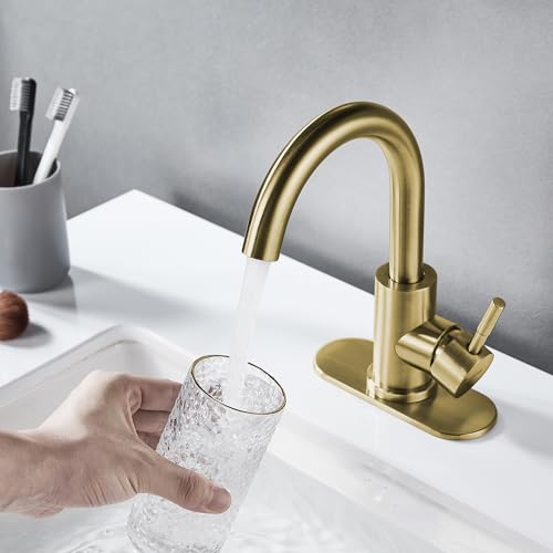 Bathroom Sink Faucet Single Hole Brushed Gold, Modern Single Handle Bathroom Faucet Commercial Stainless Steel Bar Faucet (Brushed Gold, with Drain) - color: Brushed Gold, size: With drain