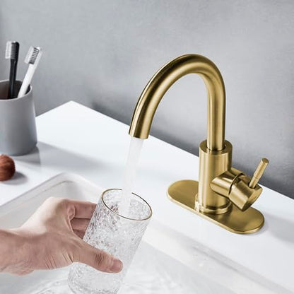 Bathroom Sink Faucet Single Hole Brushed Gold, Modern Single Handle Bathroom Faucet Commercial Stainless Steel Bar Faucet (Brushed Gold, with Drain) - color: Brushed Gold, size: With drain