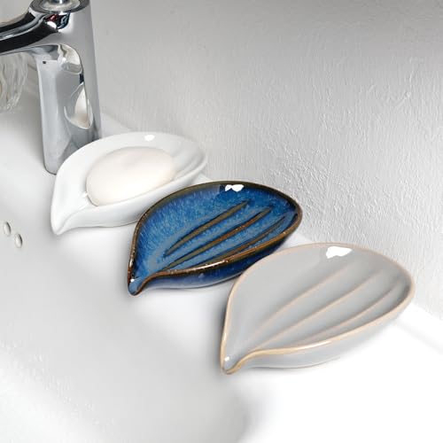 Soap Dish, Self-Draining Soap Holder, Leaf Shape Ceramic Bar Soap Holder Drain Soap Dishes for Bathroom Sink Kitchen, Easy to Clean Keeps Soap Dry, Blue, ANTIS'S HOME - color: Blue-1pcs