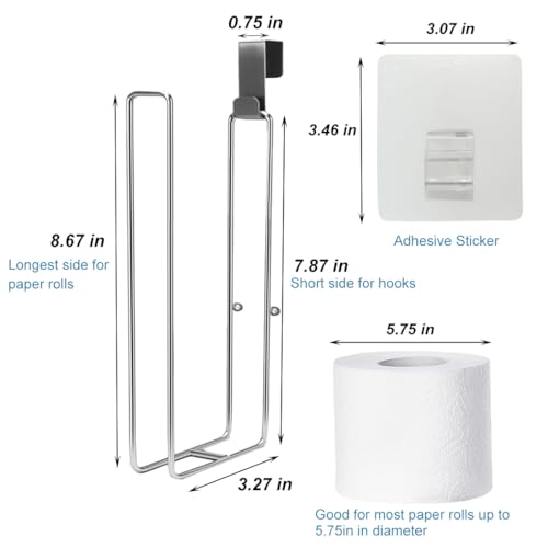 Toilet Paper Holder with Storage Extra 4 Roll Tissue, Over The Tank Toilet Paper Roll Holder Wall Mount, Brushed Nickel and Chrome Tissue Holder for Bathroom, RV Toilet Paper Holder with Shelf, 2Pcs - color: Silver, 2pcs, 8.67in