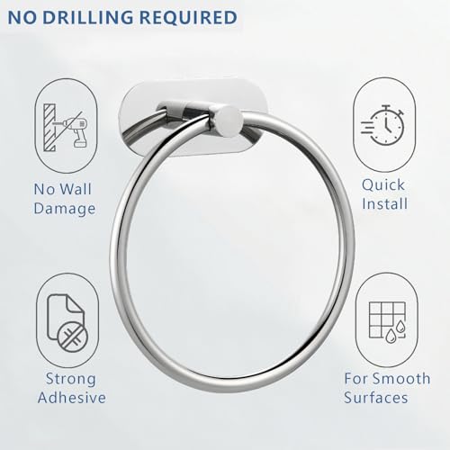 Self-Adhesive Towel Ring, No Drill Stainless Steel Round Hand Towel Holder, Rustproof Waterproof Towel Hanger with Strong Sticky Base, Modern Wall-Mounted Towel Loop for Bathroom Kitchen (Chrome) - color: Chrome