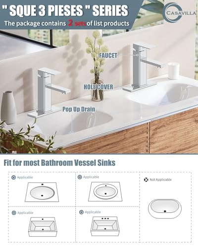 Bathroom Faucet-2 Sets, Bathroom Sink Faucets with Pop-up Drain and Deck Plate, Stainless Steel Faucets for Sink 3 Hole, Single Handle Vanity Faucet for Vessel, Chrome - color: 3.Chrome Polished, style: Short*2