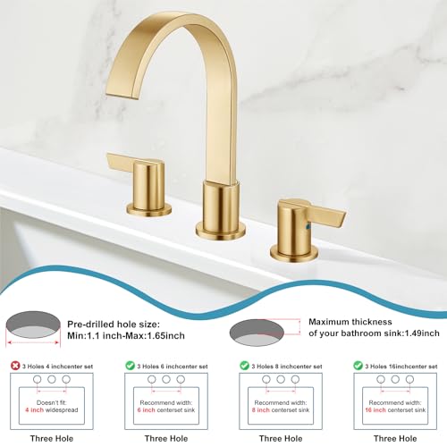 Midanya 8 Inch Widespread Bathroom Sink Faucet 3 Hole,Gold | Waterfall Swivel Spout,2 Handle,SUS304,with Pop Up Drain,cUPC 24" Water Hose,for 6-16” hole distance vanity,RV,Farmhouse Sink - color: Gold