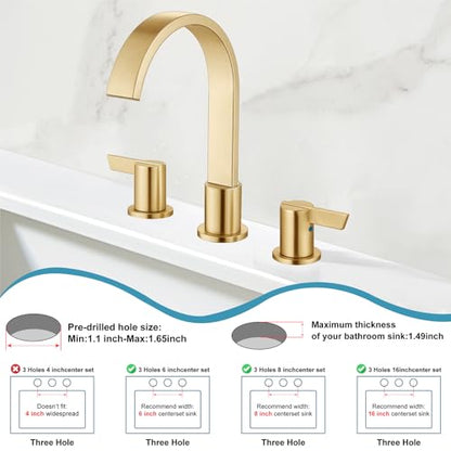Midanya 8 Inch Widespread Bathroom Sink Faucet 3 Hole,Gold | Waterfall Swivel Spout,2 Handle,SUS304,with Pop Up Drain,cUPC 24" Water Hose,for 6-16” hole distance vanity,RV,Farmhouse Sink - color: Gold
