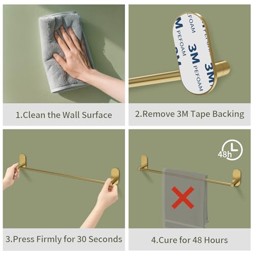 Self Adhesive Towel Bar for Bathroom 24ich Stainless Steel and Zinc Alloy No Drill Towel Rack Heavy Duty Hanger Stick On Hand Towel Holder for Kitchen, Cabinet, Door, Shower, Brushed Gold - color: Brushed Gold