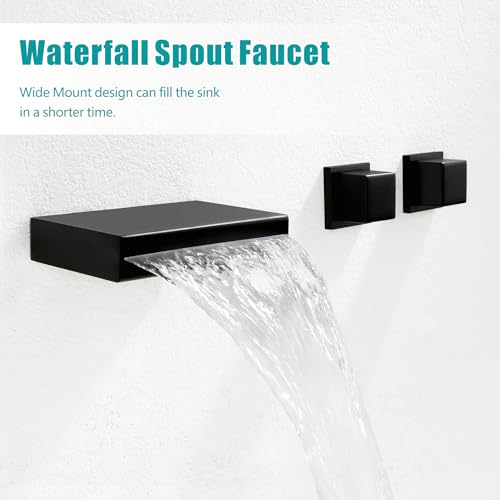 SKOWLL Waterfall Bathroom Faucet Wall Mounted, Matte Black Sink Faucet Bathroom Dual Handle 3 Holes, Modern Faucets 8 Inch Center Rough-in Valve Included - color: Matte Black