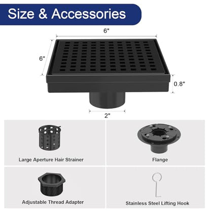6 Inch Matte Black Square Shower Drain with Removable Grate | AISI 304 Stainless Steel Shower Drain, Shower Floor Drain with Hair Catcher & ABS Flange, Fits Bathroom & Balcony etc - color: Matte Black, size: 6 in