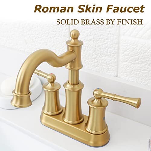 Roman Bathroom Sink Faucet Deck Mount or Wall Mount Installation Pop-up Drain Assembly with Overflow Deck Plate and Water Supply Lines Included (2 Hole Deck Mount, Brushed Gold) - color: Brushed Gold, style: 2 Hole Deck Mount
