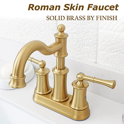 Roman Bathroom Sink Faucet Deck Mount or Wall Mount Installation Pop-up Drain Assembly with Overflow Deck Plate and Water Supply Lines Included (2 Hole Deck Mount, Brushed Gold) - color: Brushed Gold, style: 2 Hole Deck Mount