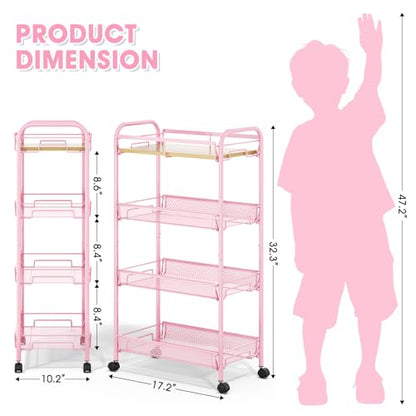 TOOLF 4-Tier Rolling Cart, Metal Utility Cart, Slide Out Storage Cart with Wooden Tabletop and Mesh Baskets, Easy Assemble Trolley for Kitchen Bathroom Laundry Room Bedroom Apartments Dormitory - size: Wide, style: Pink