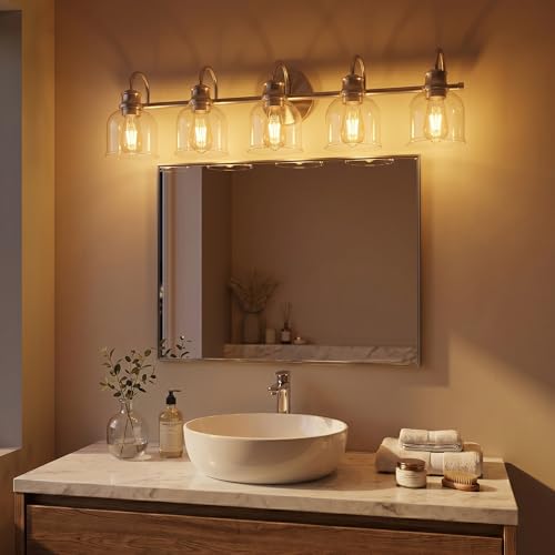 URSOLA 5 Lights 40" Bathroom Vanity Light Fixtures, Brushed Nickel Traditional Classic Vanity Light with Clear Glass, Bathroom Lighting Fixtures Over Mirror - color: Brushed Nickel, size: 5 Lights