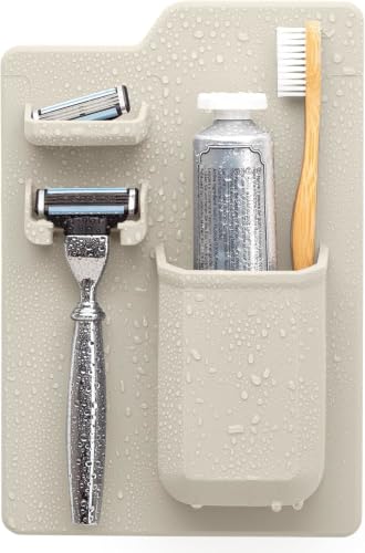 TOOLETRIES The Harvey Toothbrush & Razor Holder - Sand | Silicone bathroom organiser with a reusable adhesive mount for toothbrushes, toothpaste and razors.