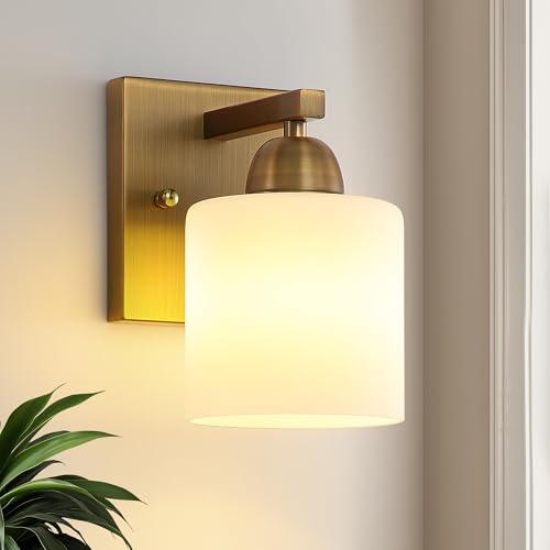 Mecgirn Brass Milk Glass Wall Sconces, 1 Pack Hardwired Indoor Wall Light Fixtures for Living Room, Hallway, Bedroom, Ceramic E26 Sockets (Bulbs Not Included) - color: Brass, size: 1 Light