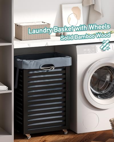 Black Laundry Hamper, Laundry Hamper with Wheels, 22.7 Gallon (86L) Bamboo Wood Clothes Laundry Basket with Handles, Removable Liner - color: Black