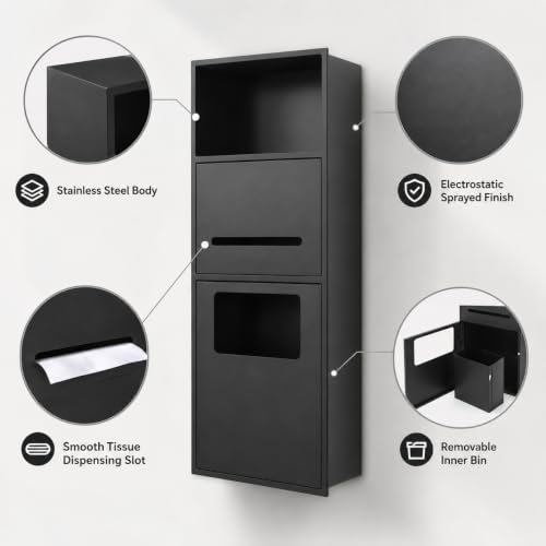 Recessed Toilet Paper Holder, Stainless Steel Shower Nich, Waterproof Bathroom Niche, Built-in Hidden Trash Can Tilt Out Trash Bin Cabinet for Kitchen Living Room Bedroom Hotel Residential (Black) - color: Black