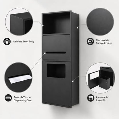 Recessed Toilet Paper Holder, Stainless Steel Shower Nich, Waterproof Bathroom Niche, Built-in Hidden Trash Can Tilt Out Trash Bin Cabinet for Kitchen Living Room Bedroom Hotel Residential (Black) - color: Black