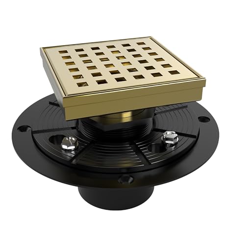 4 Inch Square Shower Drain Gold Floor Drain with Flange Square Holes Pattern Cover Grate Removable SUS304 Stainless Steel Watermark&CUPC Certified Brushed Gold - color: Brushed Gold, size: 4 Inch