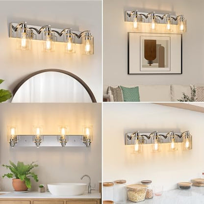 4-Light Bathroom Light Fixtures Modern Chrome Vanity Lights | Easy to Install Clear Glass Shades, Wall Mount Up or Down, E26 Socket, Hardwired, 127V - color: Chrome, size: 4 Lights