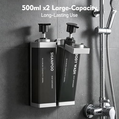 Wall Mounted Lockable Shampoo and Conditioner Dispenser | 17oz Large Pump Head No Drill Refillable ABS Plastic Bottle For Bathroom Shower Commercial Use Silver 2 Pack - color: Silver, size: 2