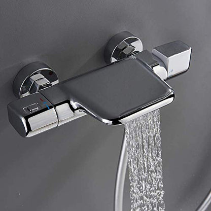 Wall Mounted Bathtub Faucet with Shower, Bath Shower Faucet System Mixer Thermostatic Mixer Taps Brass Shower Taps with Hand Shower and Shower Hose Set,Chrome,Chrome - color: Chrome