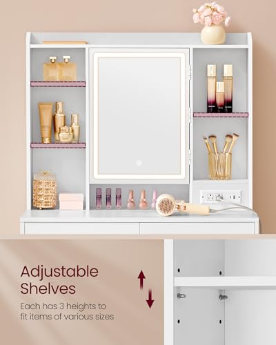 VASAGLE KAILYN Collection - Vanity Desk with Power Outlets, Makeup Vanity with Mirror and Lights, Upholstered Vanity Stool, LED Lights, 6 Compartments, 2 Drawers, for Bedroom, Cloud White URDT031W01 - style: 35.4"W 2 Drawers Vanity Set - Cloud White