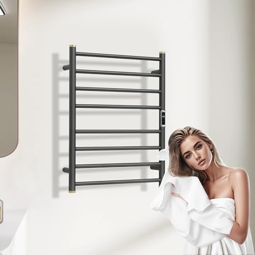 Electric Towel Warmer Rack,Heating Towel Warmer,Timer & Temperature Control,Wall-Mounted Plug-in for Bathroom,Gunmetal Grey,Stainless Steel,8-Bar(27.56x20.87x4.41in) - color: Round-matte Gungrey With Gold Top, size: 8 Bars