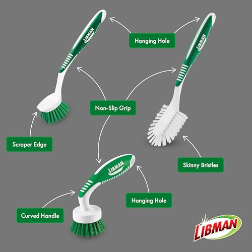 Libman Green & White Cleaning Brush Kit, 3-Piece Set, All-Purpose Brushes for Kitchen, Basins, Sinks, Dishwashers | All-purpose cleaning brush set for kitchen, basins, sinks, and dishwashers; 3-piece. - style: Kitchen Brush Kit