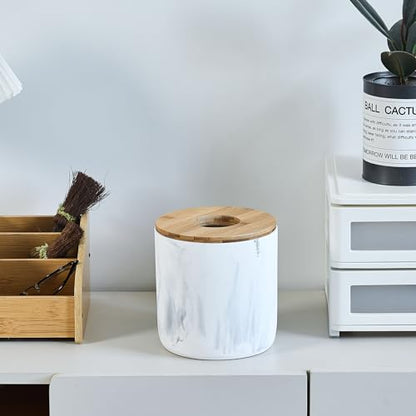Polytree Marble White Mini Trash Can with Bamboo Lid,Small Countertop Trash Can,Desk Trash Can,Table top Mini Garbage Cans,Resin Tiny Waste Basket - color: Mini White