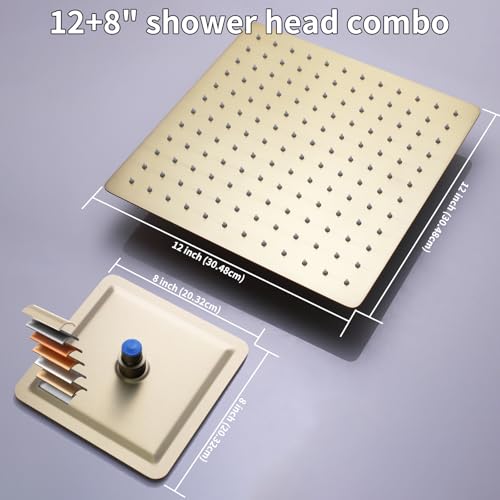 Brushed Gold Shower System with 3 Rain Shower Head(12+8+8 inch), Handheld Spray, 4 Way Smart Temperature Display Shower Faucet set - color: Brushed Gold, size: 12+8+8 inch