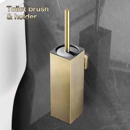 Gold Toilet Brush Set Stainless Steel Square Bathroom Cleaning Brush | AIREMOEN Square Bathroom Toilet Bowl Brush Holder, Round Cleaning Brush Head, Splash Guard - color: Brushed Gold
