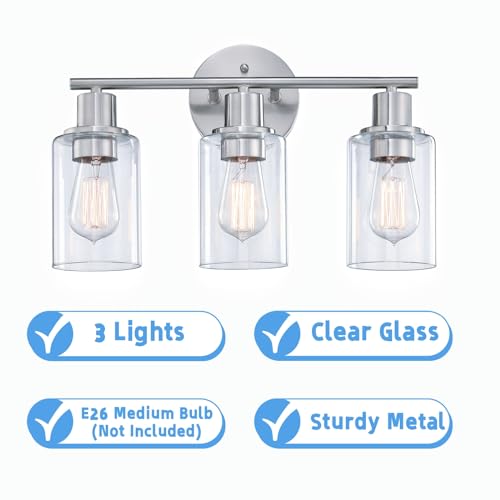 WISBEAM Brushed Nickel Bathroom Vanity Light, 3 Light Bathroom Light Fixtures Over Mirro with Clear Glass Shade Including E26 Medium Base, Bulb NOT Included - color: Silver, size: VNT004