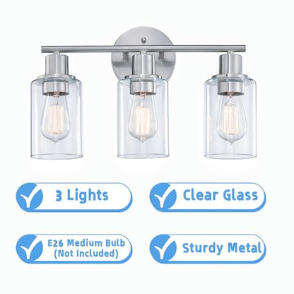 WISBEAM Brushed Nickel Bathroom Vanity Light, 3 Light Bathroom Light Fixtures Over Mirro with Clear Glass Shade Including E26 Medium Base, Bulb NOT Included - color: Silver, size: VNT004