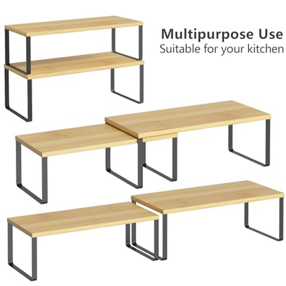 NEX Kitchen Cabinet and Counter Shelf Organizer, Stackable & Expandable, Set of 4, Black and Natural - 7.7 x 15.6 x 6.2'' - color: Black + Natural Beige, size: 15.6''W