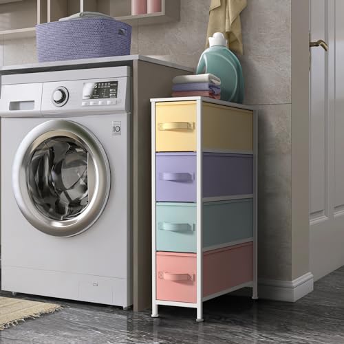 Sorbus Kids Narrow Dresser with 4 Drawers - Vertical Slim Storage Chest of Drawers with Steel Frame, Wood Top & Easy Pull Fabric Bins for Small Spaces, Closets, Bedroom, Bathroom & Laundry - color: Pastel, style: 4 Drawer