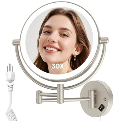 FUNTOUCH Plug in Wall Mounted Lighted Makeup Mirror 1X/30X Magnifying | AC Powered Double-Sided Magnification Bathroom Mirror with Lights,3Lighting Mode,Extended Arm 360 Rotation Light up Mirrors - color: Nickel