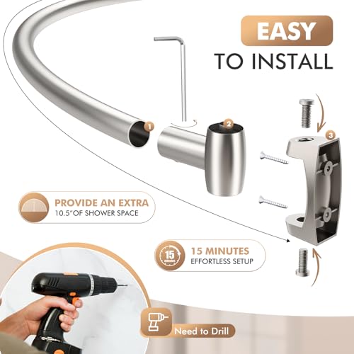Curved Shower Curtain Rod for Bathroom, 40-72 Inches Adjustable Shower Rod | Rustproof Shower Curtain Rod with Rotating Brackets for Extra 30% Shower Space, 0.9MM thickness Need to Drill, Brush Nickel - color: Brush Nickel