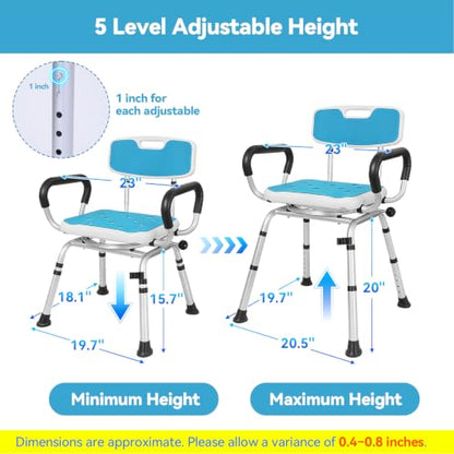 Swivel Shower Chair with Removable Back and Arms, Adjustable Height | 400 lbs Shower Chair for Elderly and Disabled, 360° Rotating with Locking Seat, Non-Slip Bath Seat for Inside Shower, Tub - color: Light Blue